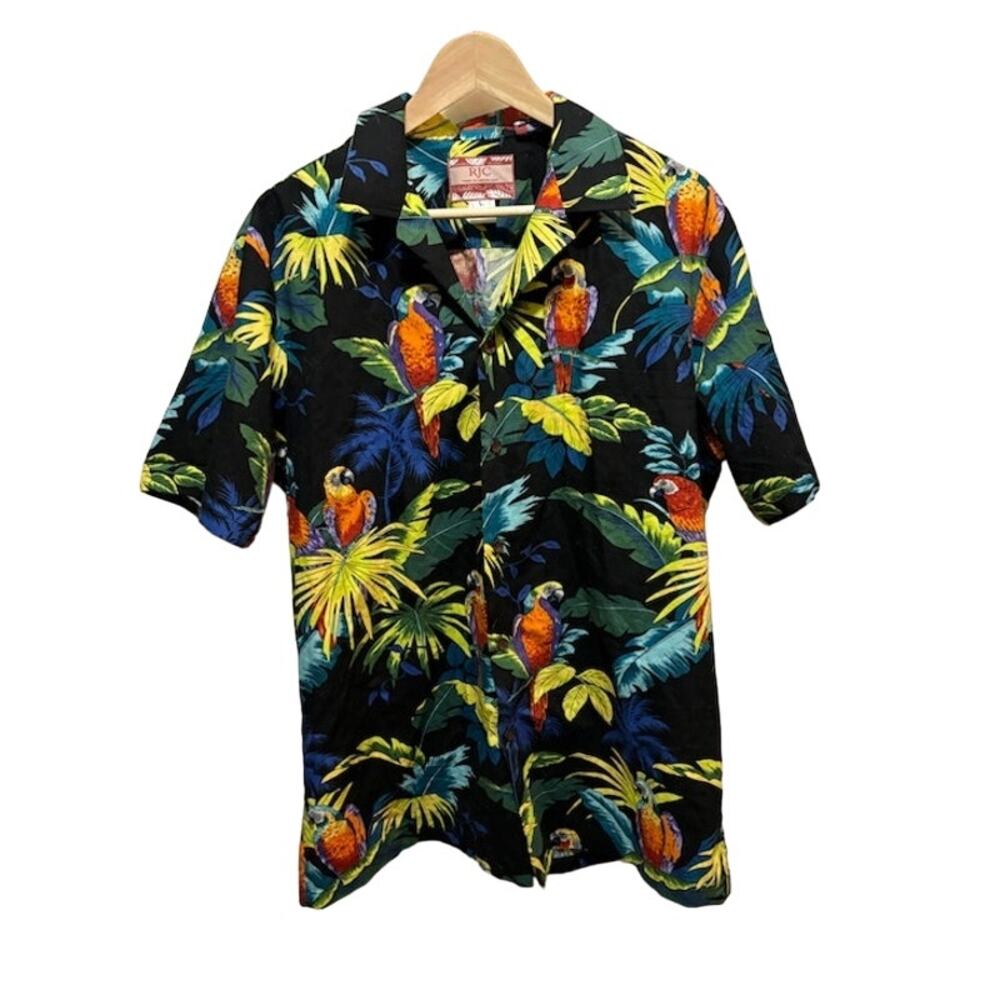 VTG Hawaiian shirt button up short sleeve tropical jungle leaves and parrots L